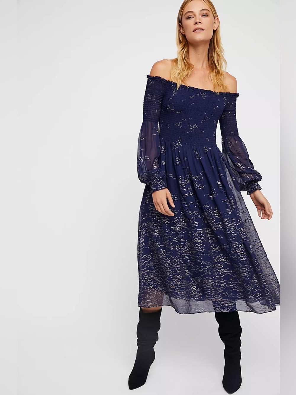 Free People Foiled Smocked Midi Dress Blue Combo Size S